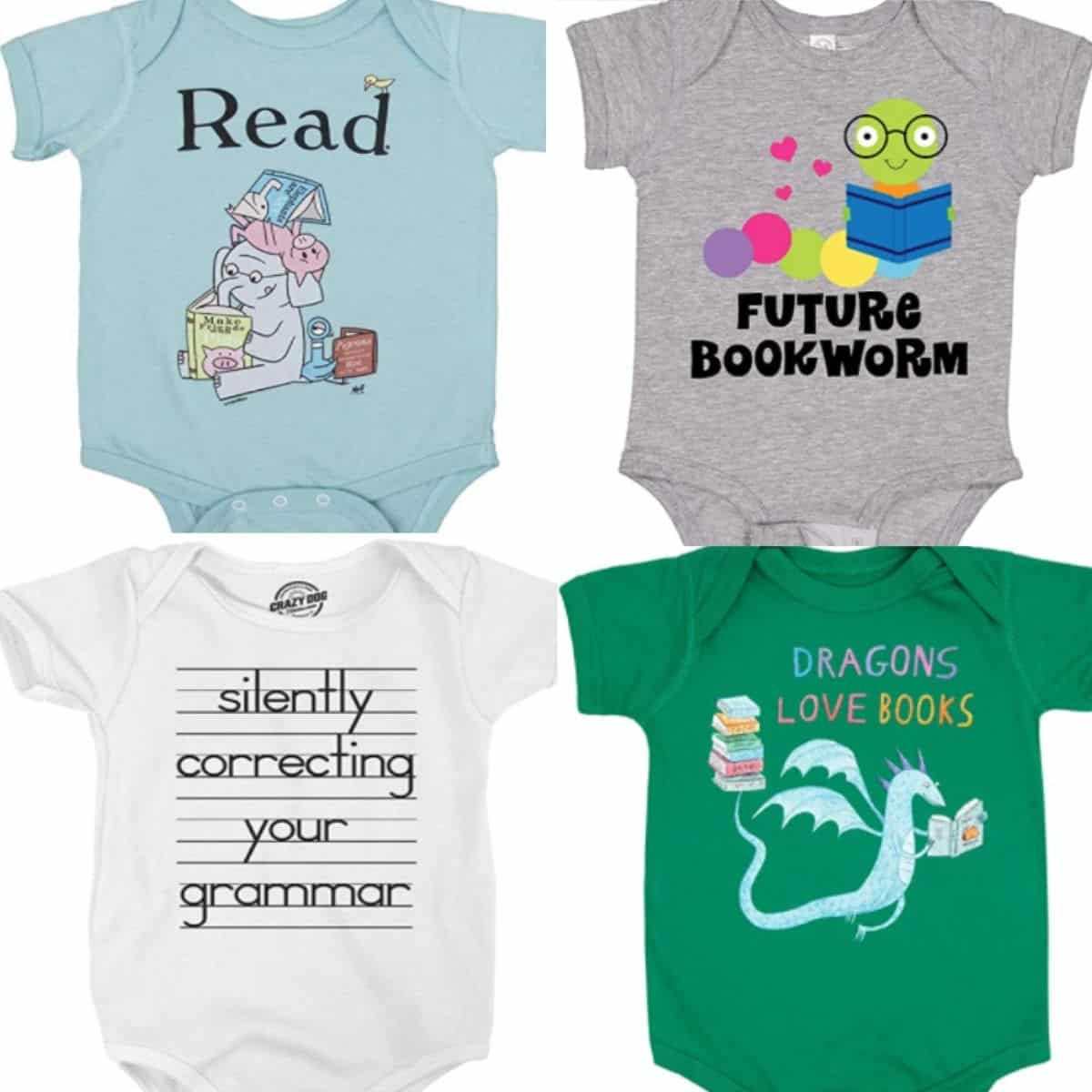 4 baby onesies with book themes on the design.