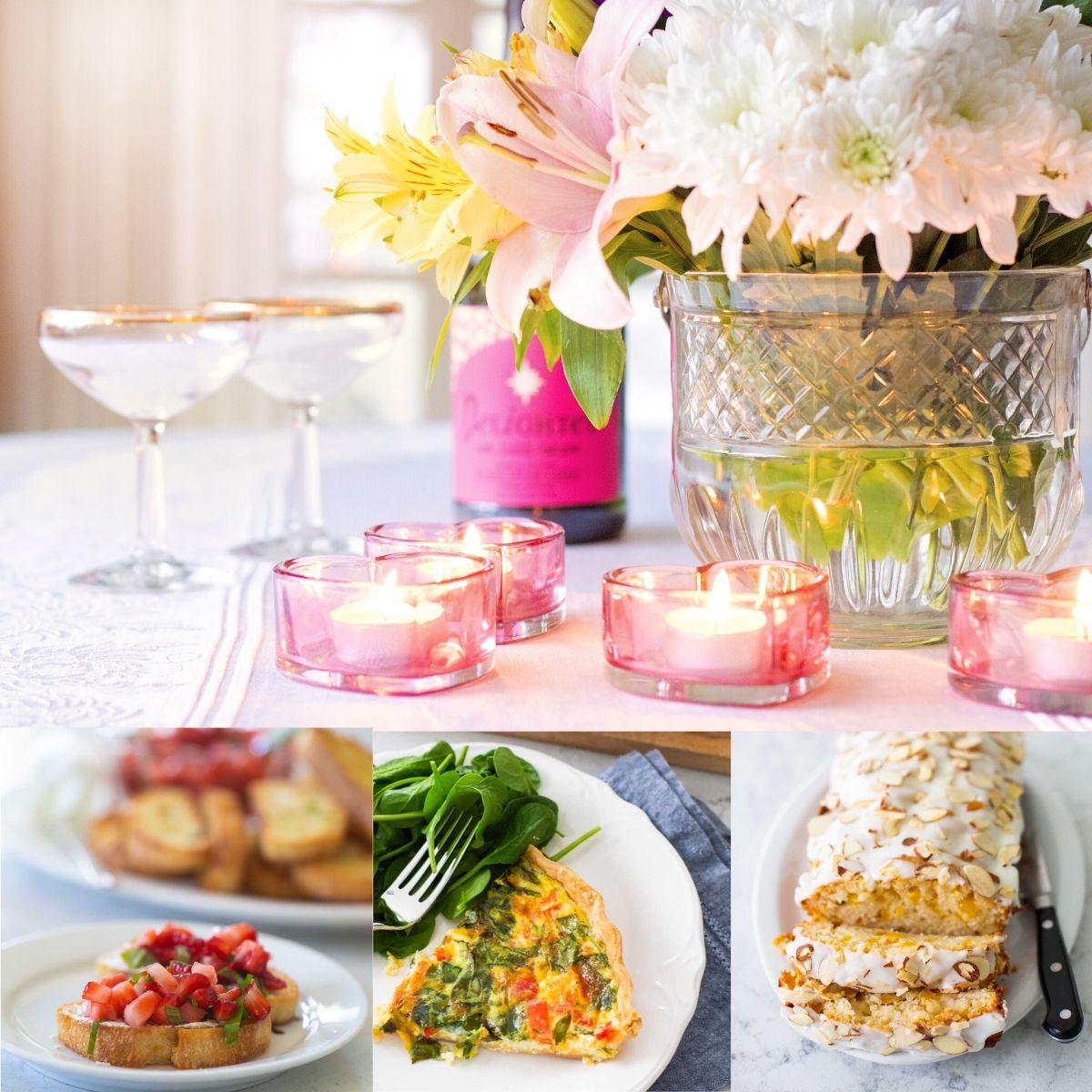 A photo collage shows a brunch table with fresh flowers and candles and a few sample recipes below.