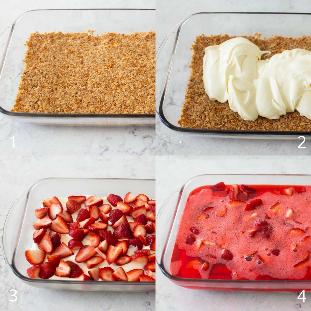 Step by step photos show the layers inside a strawberry pretzel salad.