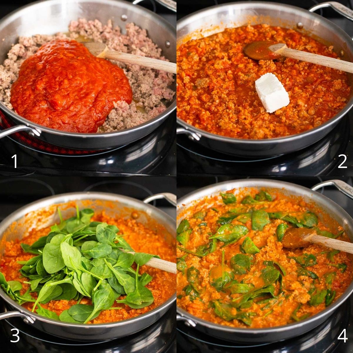 Step by step photo collage shows how to prepare the tomato sauce for the tortellini.