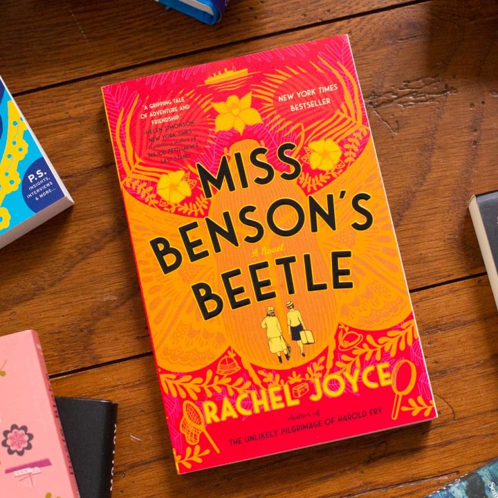A copy of Miss Benson's Beetle by Rachel Joyce sits on a table.