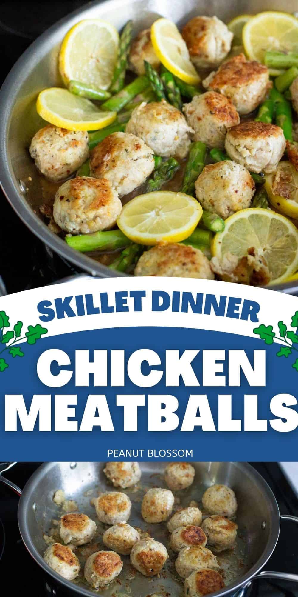 A photo collage shows the meatball skillet on top and the meatballs browning on bottom.