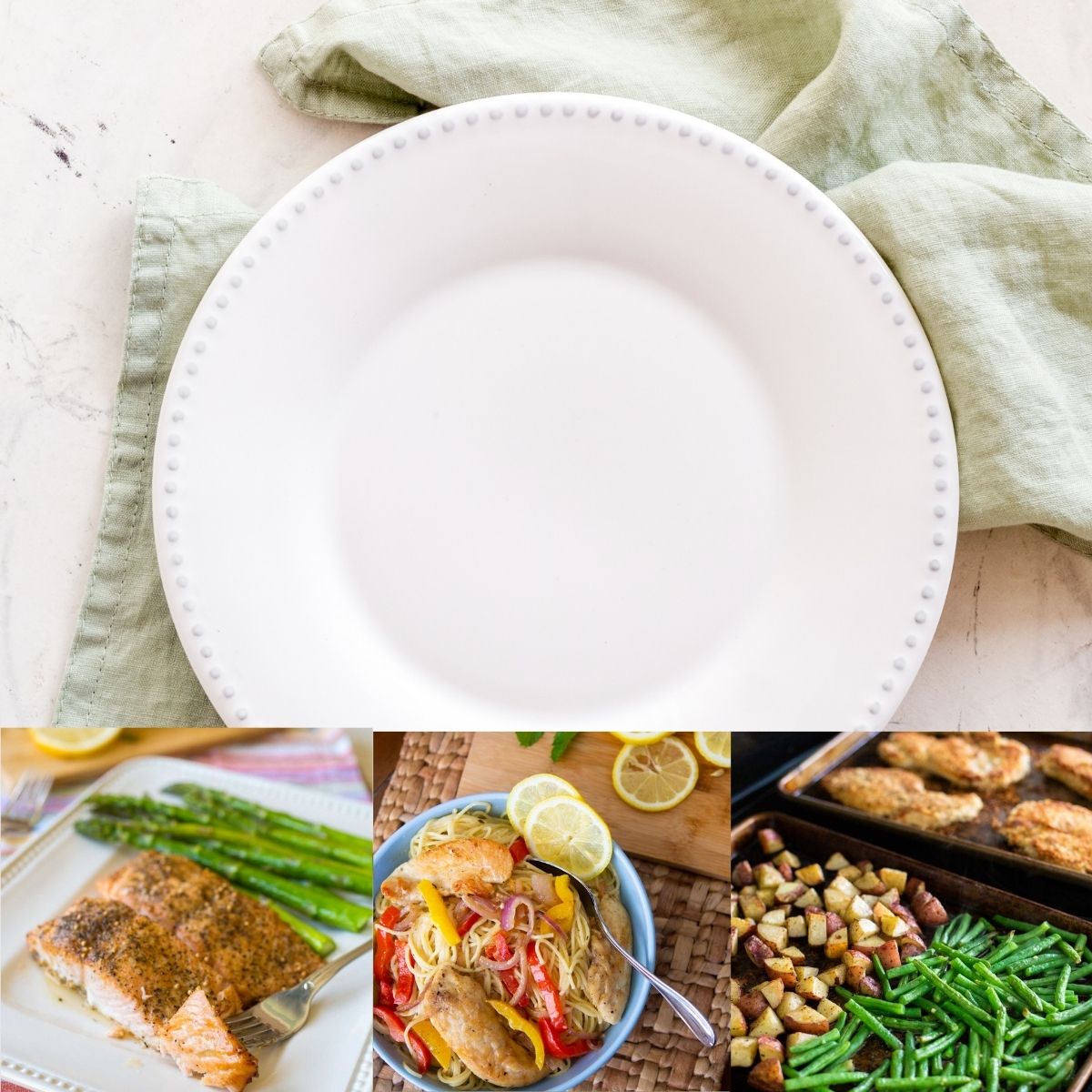 A simple dinner plate with everyday food photos below.