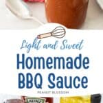 The mason jar of homemade BBQ sauce next to a photo of the ingredients needed to make it.