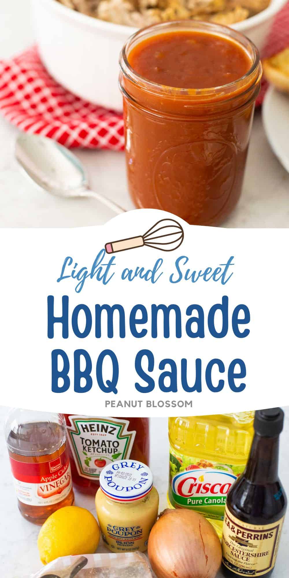 The mason jar of homemade BBQ sauce next to a photo of the ingredients needed to make it.