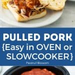 A photo collage shows the pork in a slowcooker and a pulled pork sandwich.