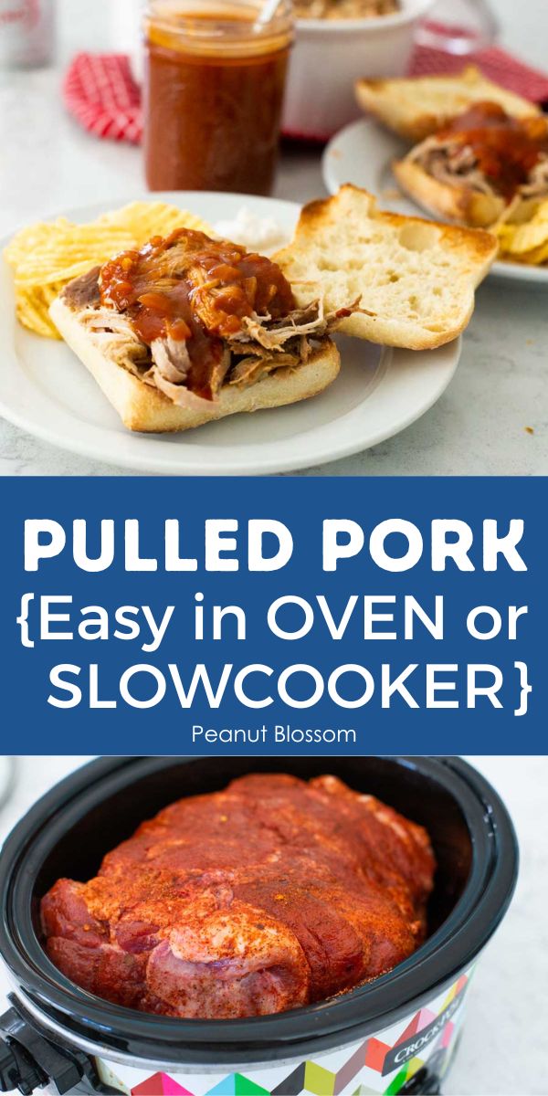 A photo collage shows the pork in a slowcooker and a pulled pork sandwich.