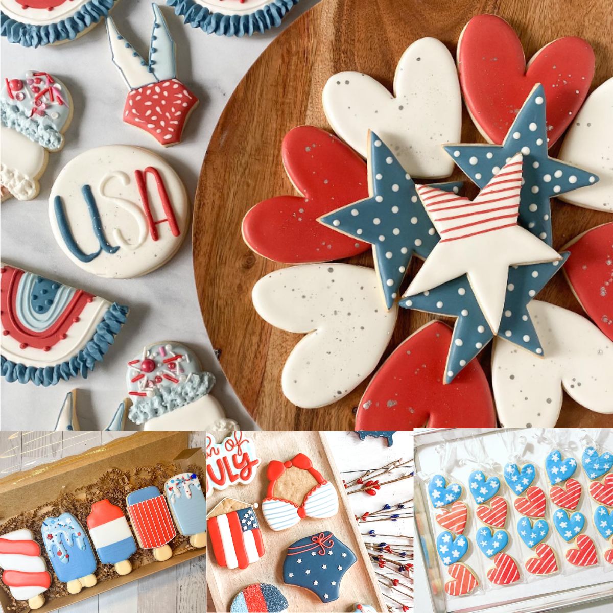A photo collage shows samples of several red, white, and blue sugar cookie designs.