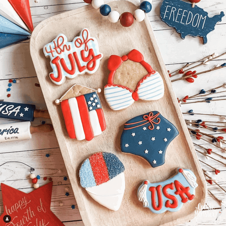 Red, white, and blue bikini design for a sugar cookie.