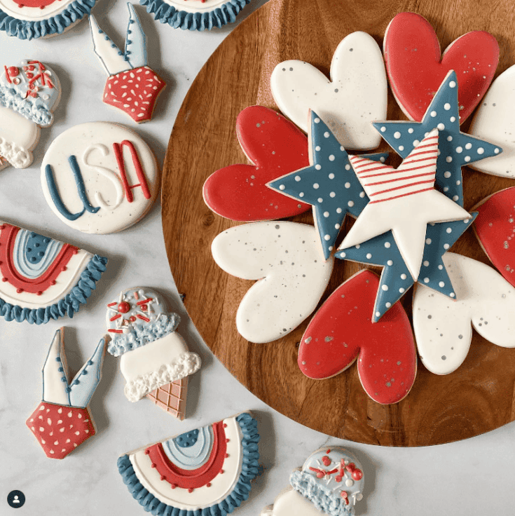 Red white and blue sugar cookie hearts and stars.