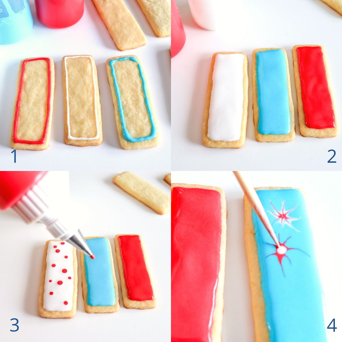 Photo collage shows how to use royal icing to make a fireworks design.