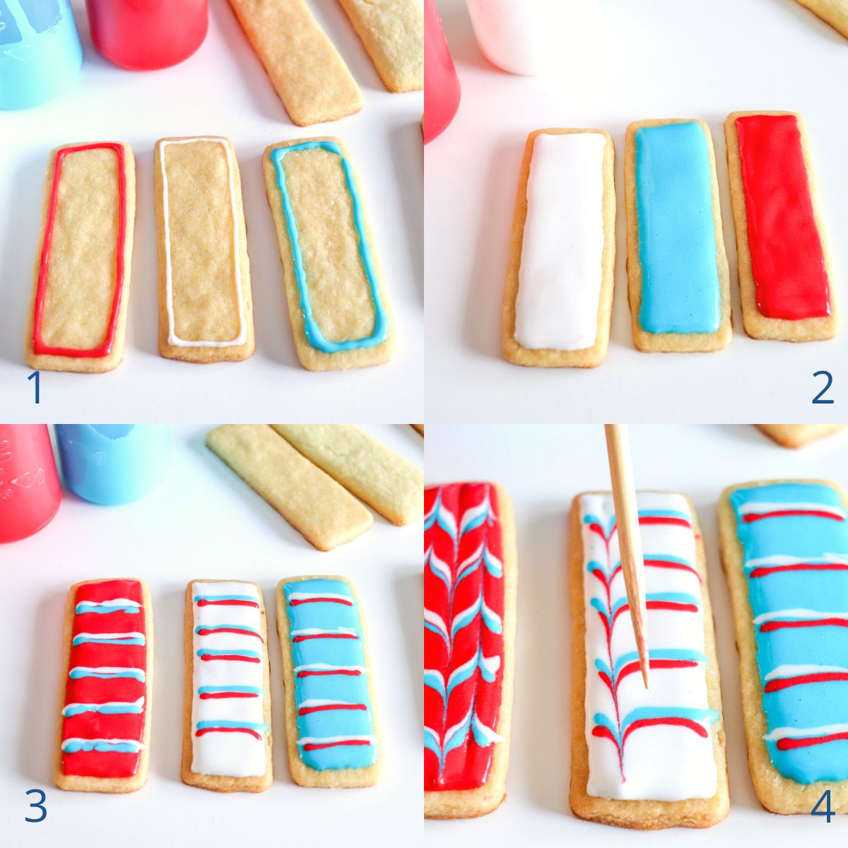 Photo collage shows how to use royal icing to make chevron sugar cookies.