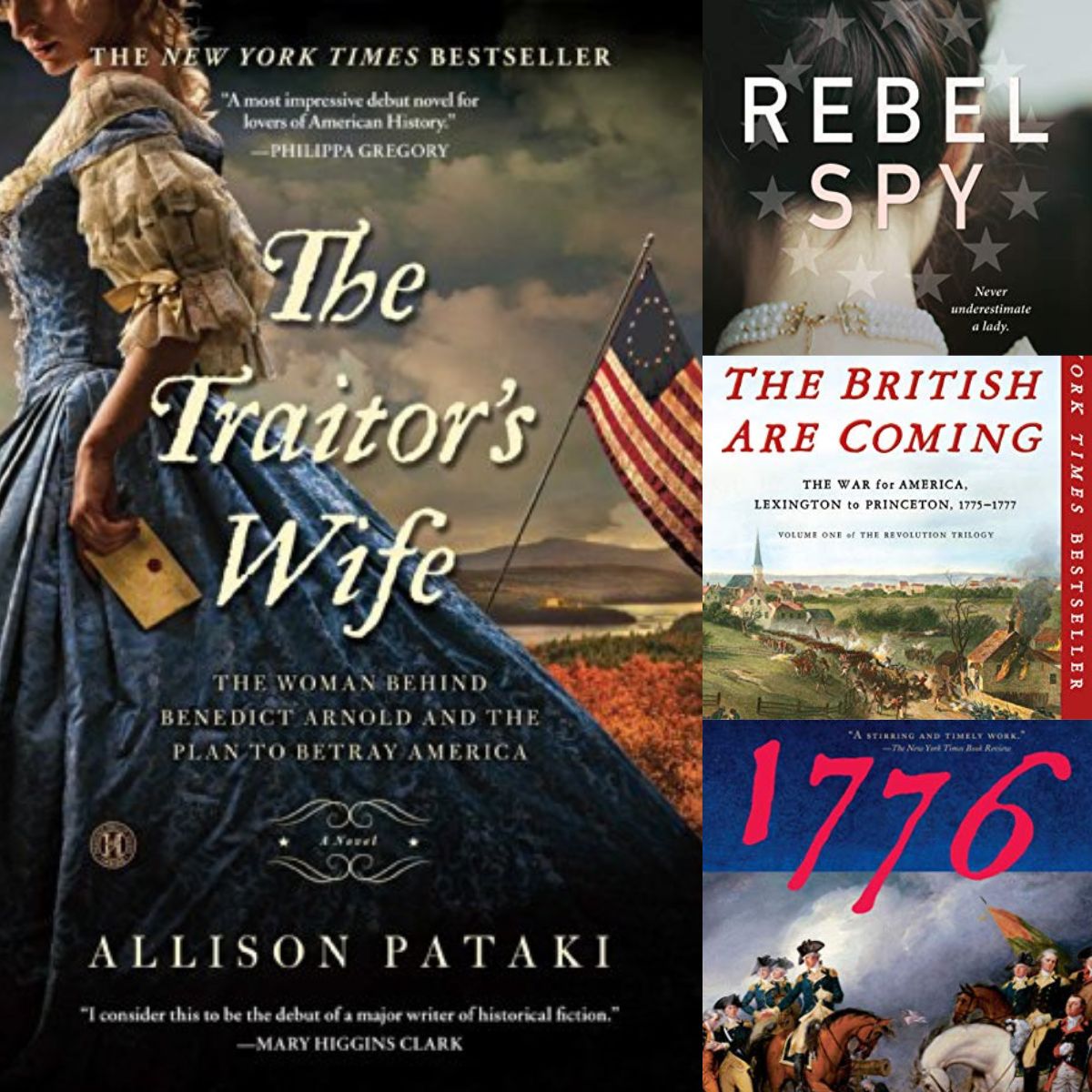 A collage of 4 photos of historical fiction books about the American Revolution
