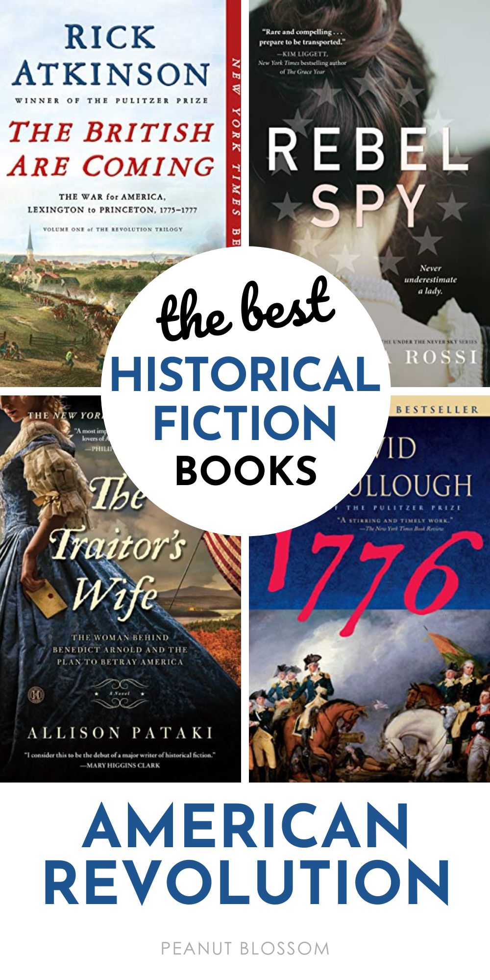 A collage of 4 pictures of historical fiction books about the american revolution