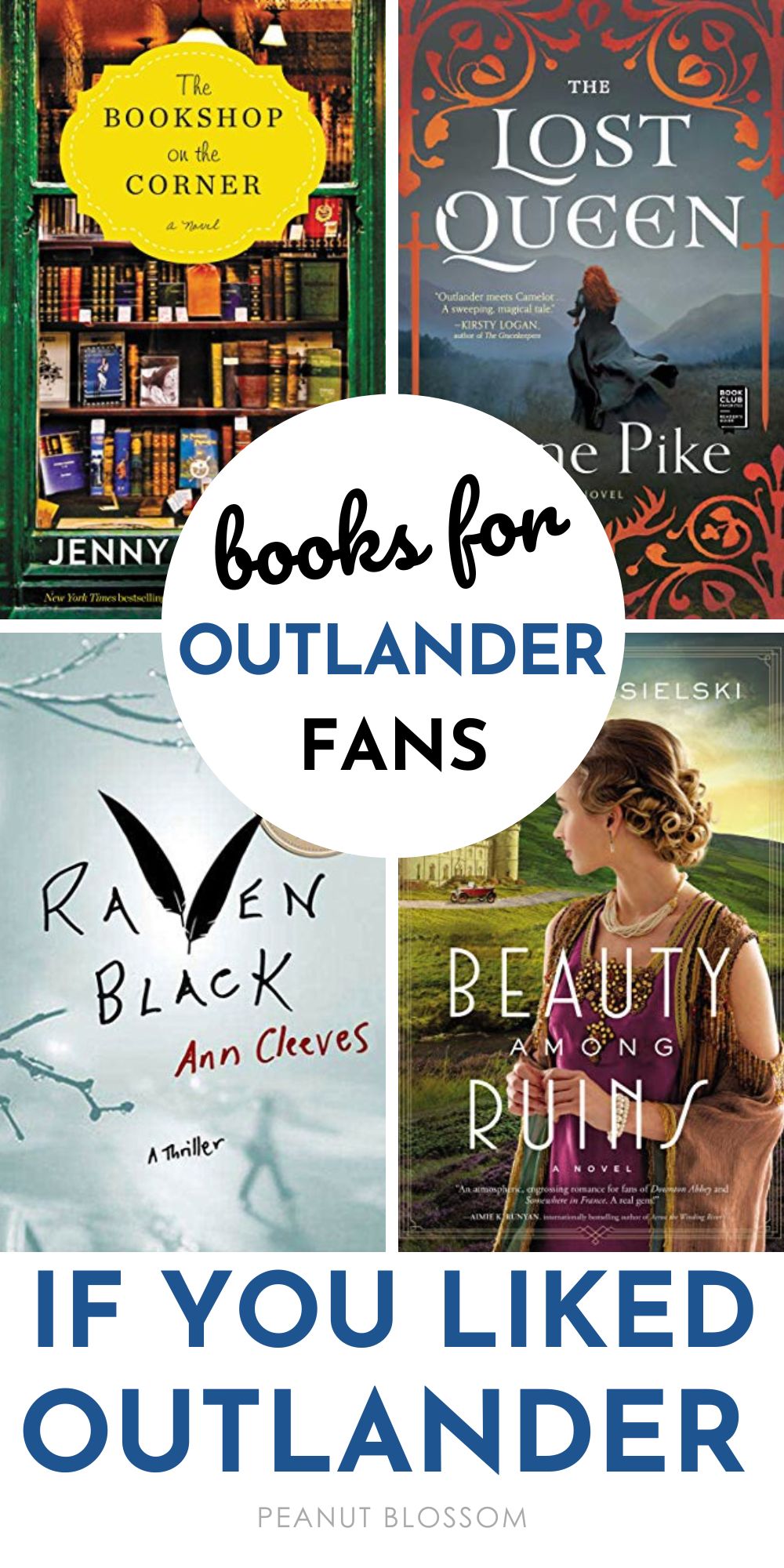 A collage of 4 photos of books for fans of outlander