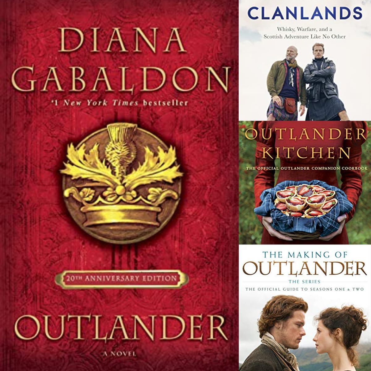 A collage of 4 pictures showing books based off of the Outlander series