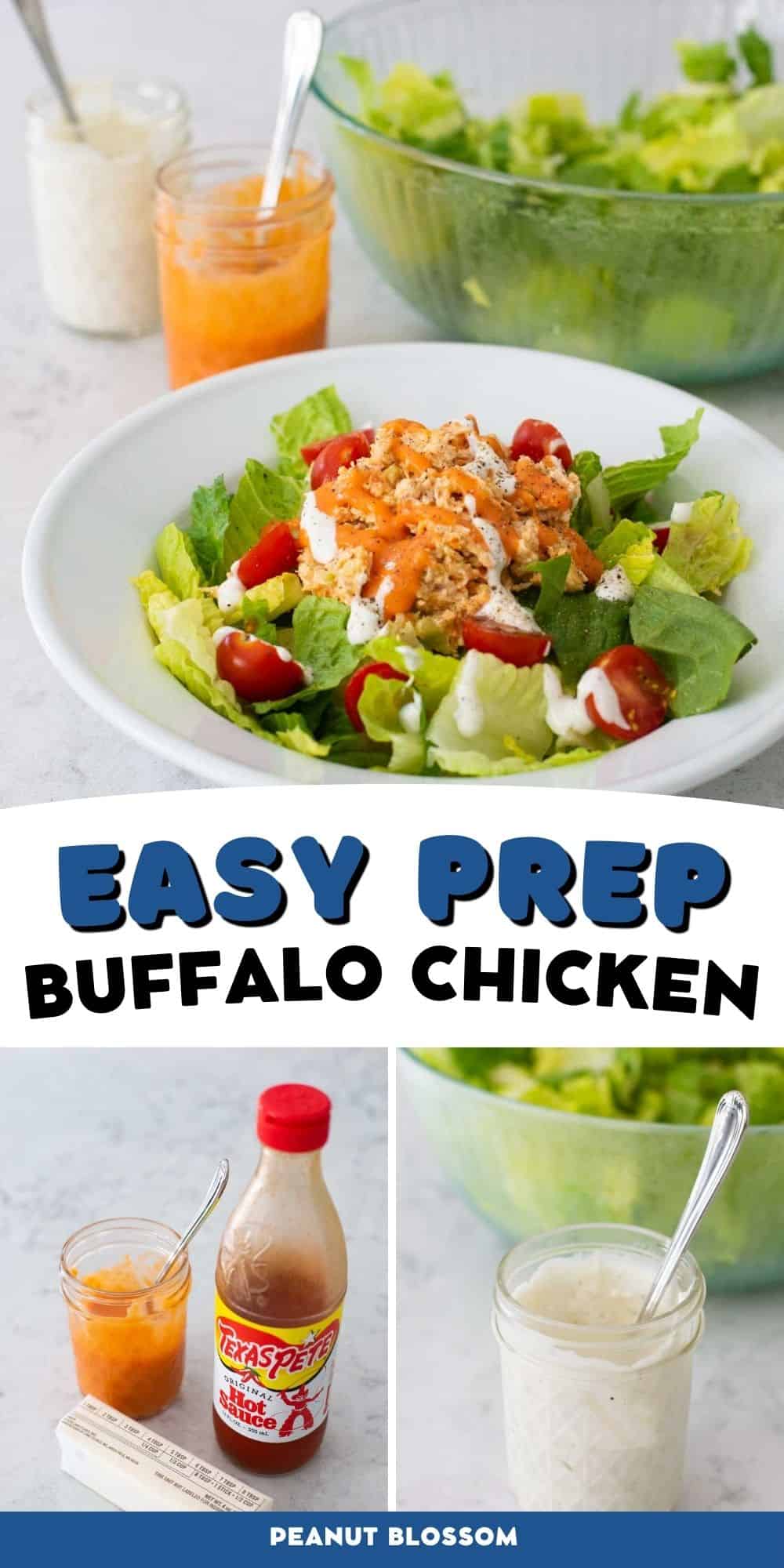 A photo collage shows the serving of buffalo chicken salad next to the two salad dressings used on top.