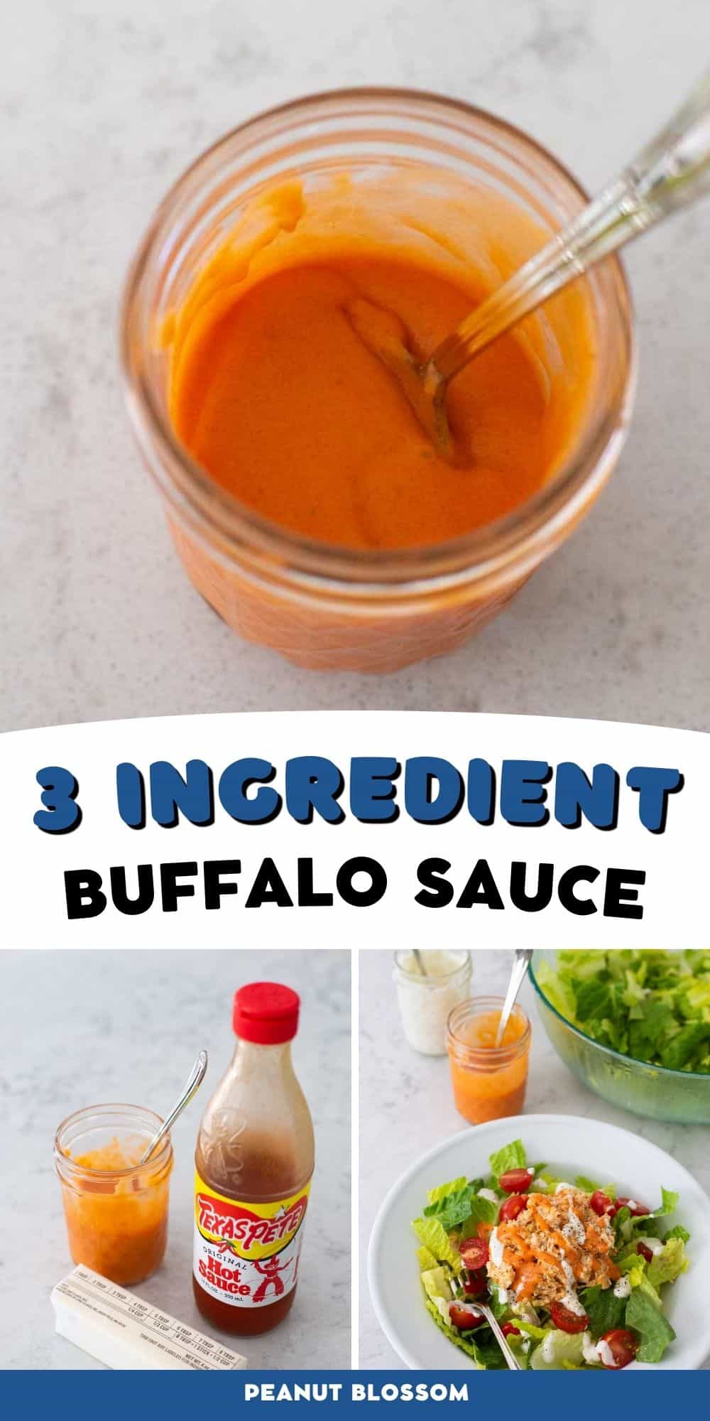 A photo collage shows the finished homemade buffalo sauce next to a picture of the ingredients.