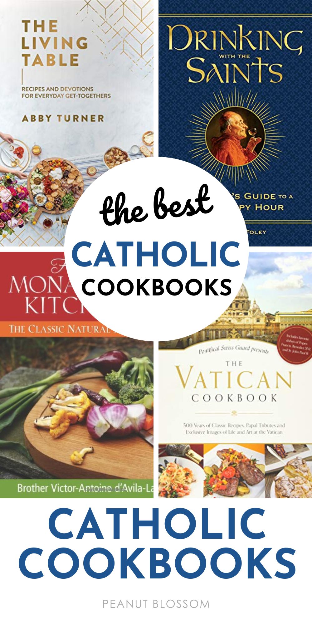 A photo collage shows the covers of 4 popular cookbooks for Catholics.