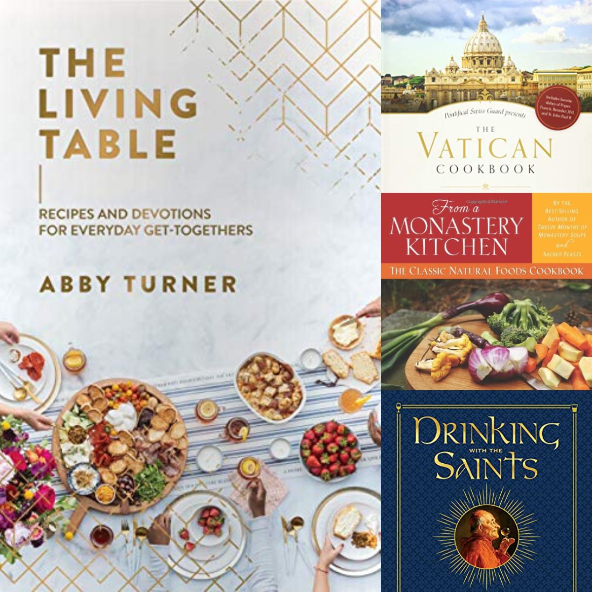 A photo collage shows the covers of 4 popular Catholic cookbooks. 