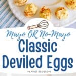 The photo collage shows a platter of deviled eggs next to a photo of the ingredients used to make them.