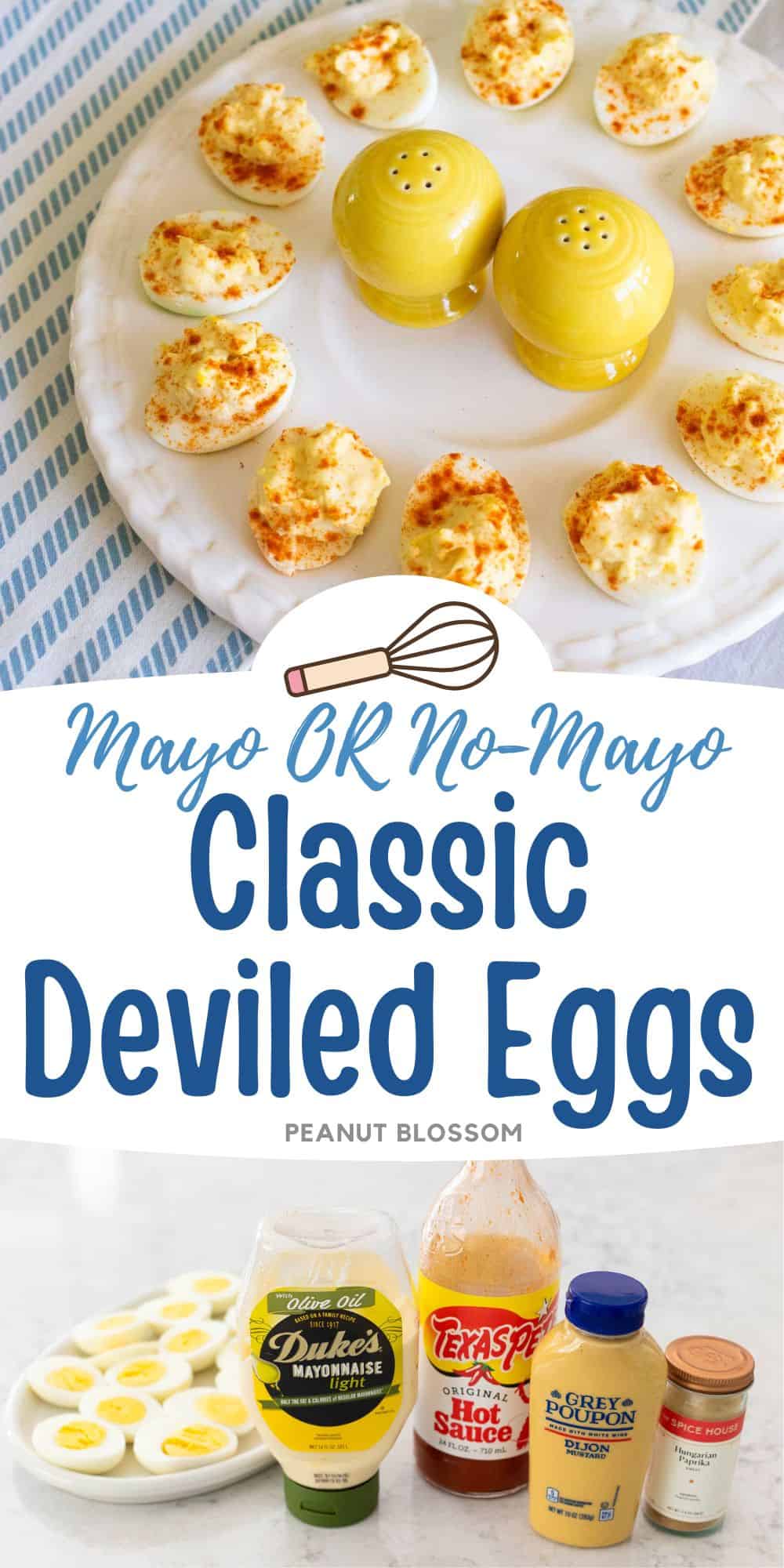 The photo collage shows a platter of deviled eggs next to a photo of the ingredients used to make them.