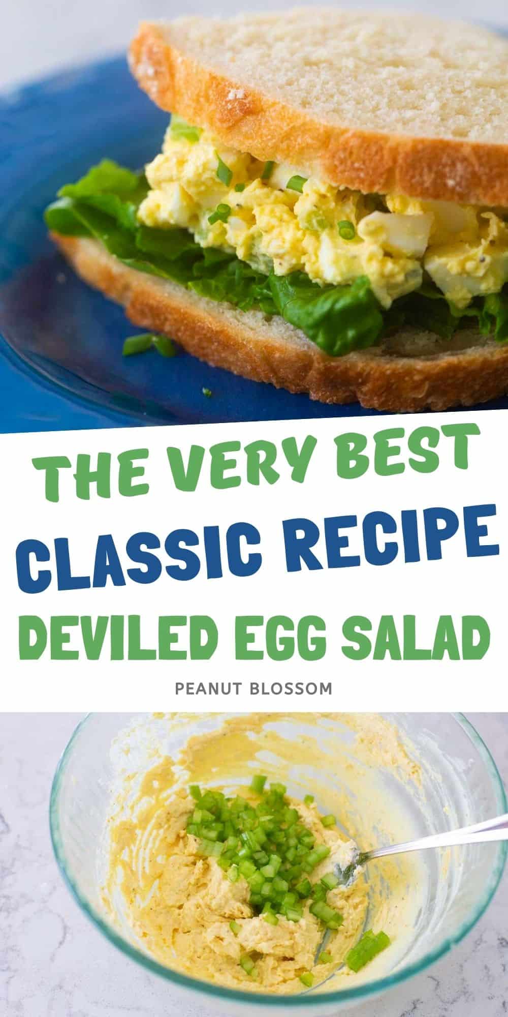 A photo collage shows the finished egg salad sandwich next to a mixing bowl of egg salad.