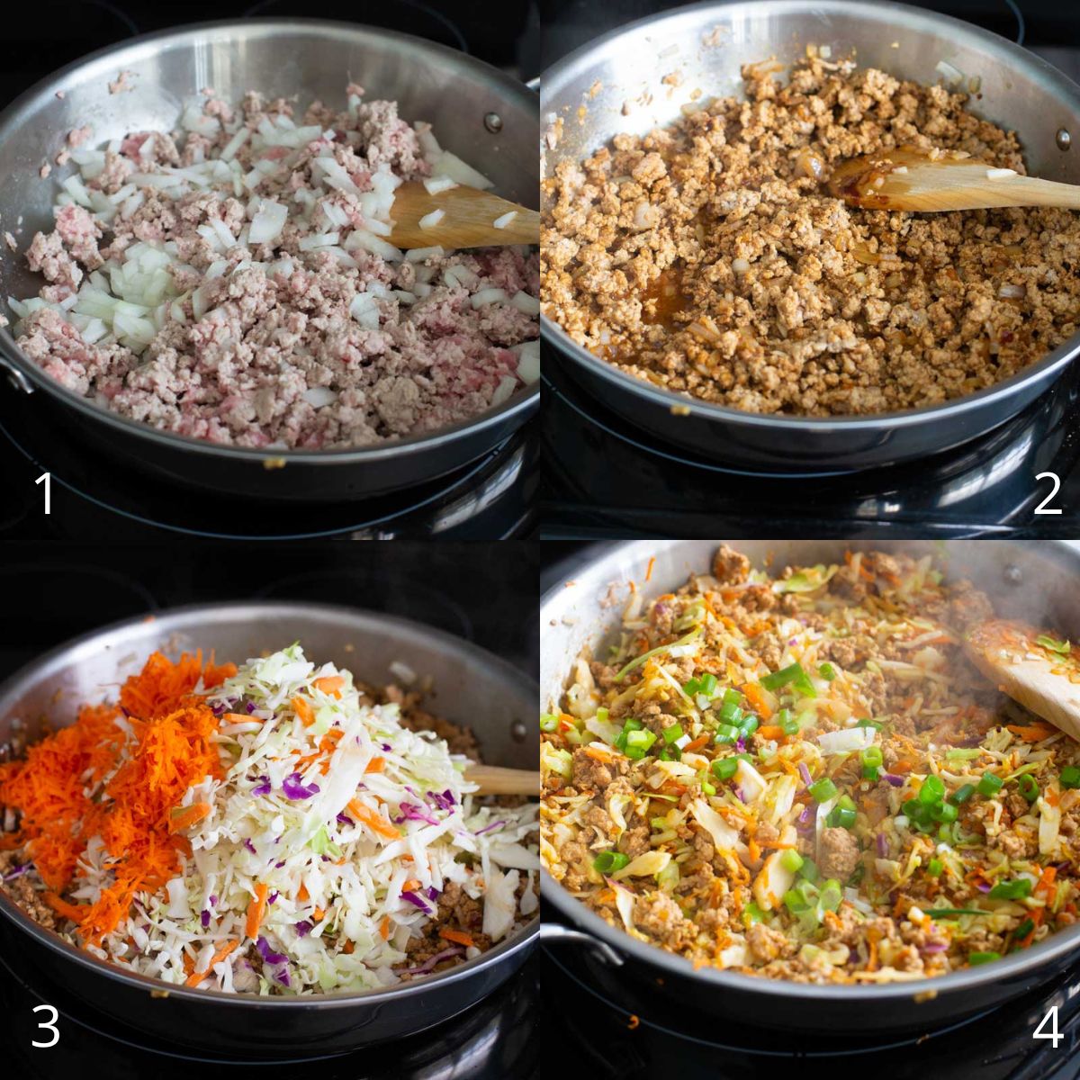 A photo collage shows the 4 steps to browning up the ground pork for the homemade egg roll recipe.