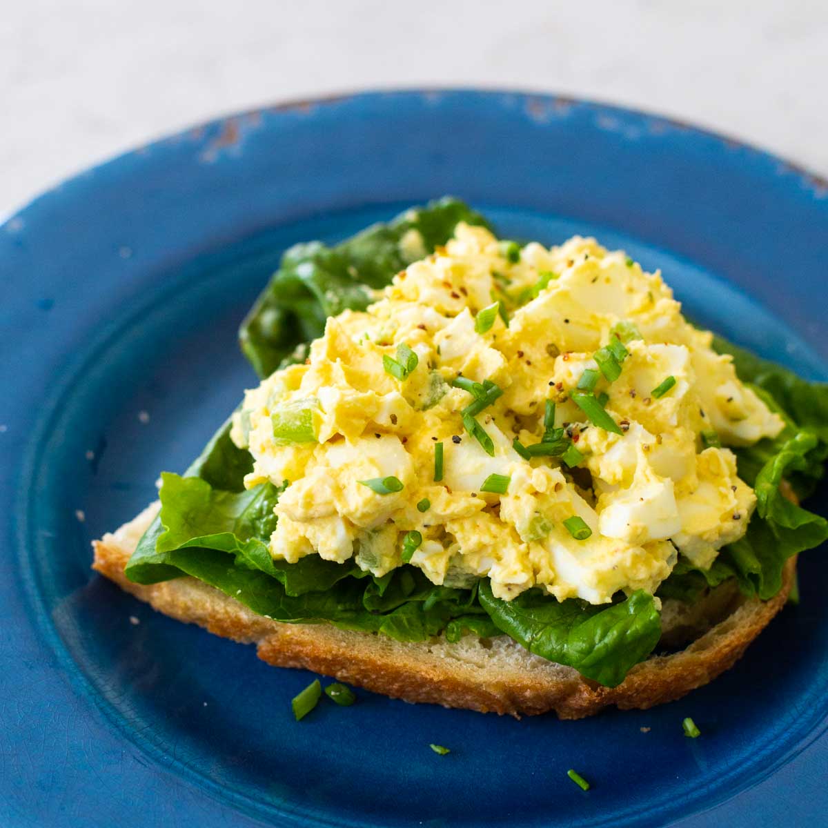 An open faced sandwich shows the texture of the egg salad.