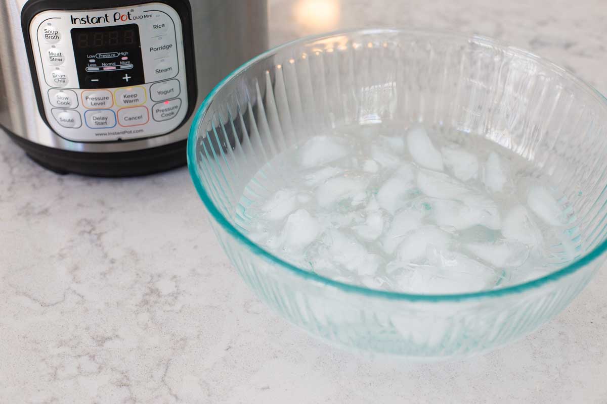 A bowl of ice water sits next to the Instant Pot