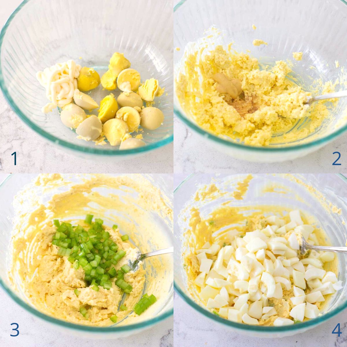 Step by step photos show how to make egg salad.