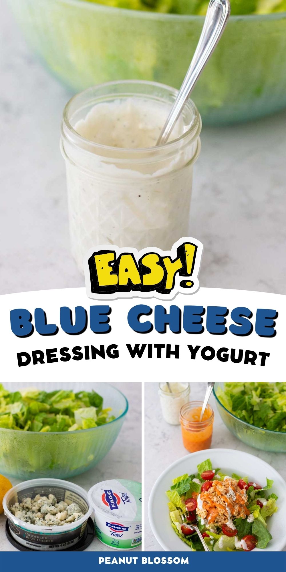 A photo collage shows the ingredients and final jar of blue cheese dressing.