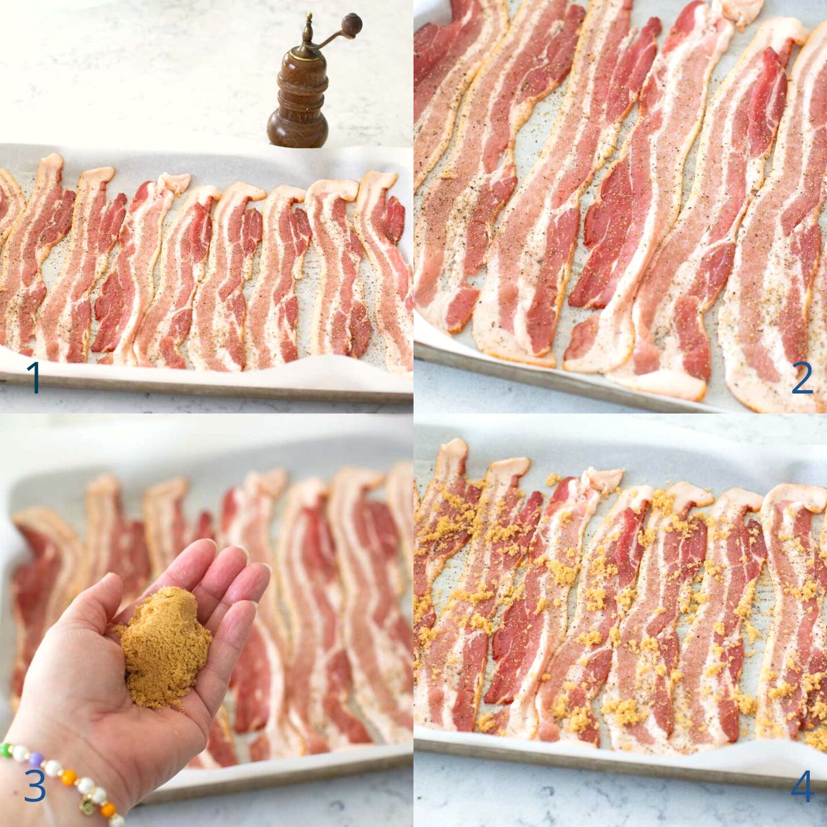 Step by step photos show how to bake bacon.