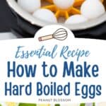 The photo collage shows eggs in an Instant Pot next to the hard boiled eggs cut open to show the yolks.