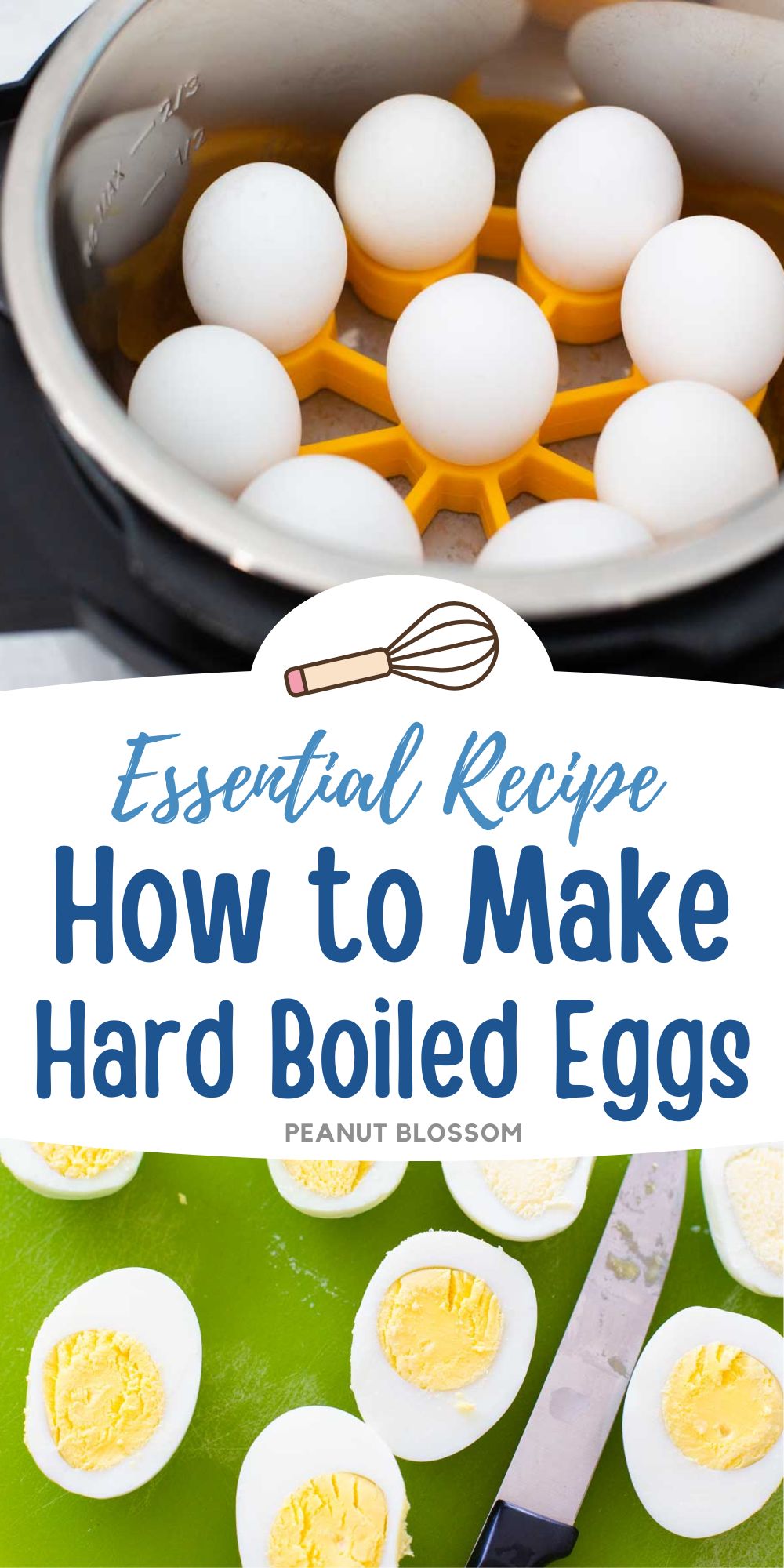 The photo collage shows eggs in an Instant Pot next to the hard boiled eggs cut open to show the yolks.
