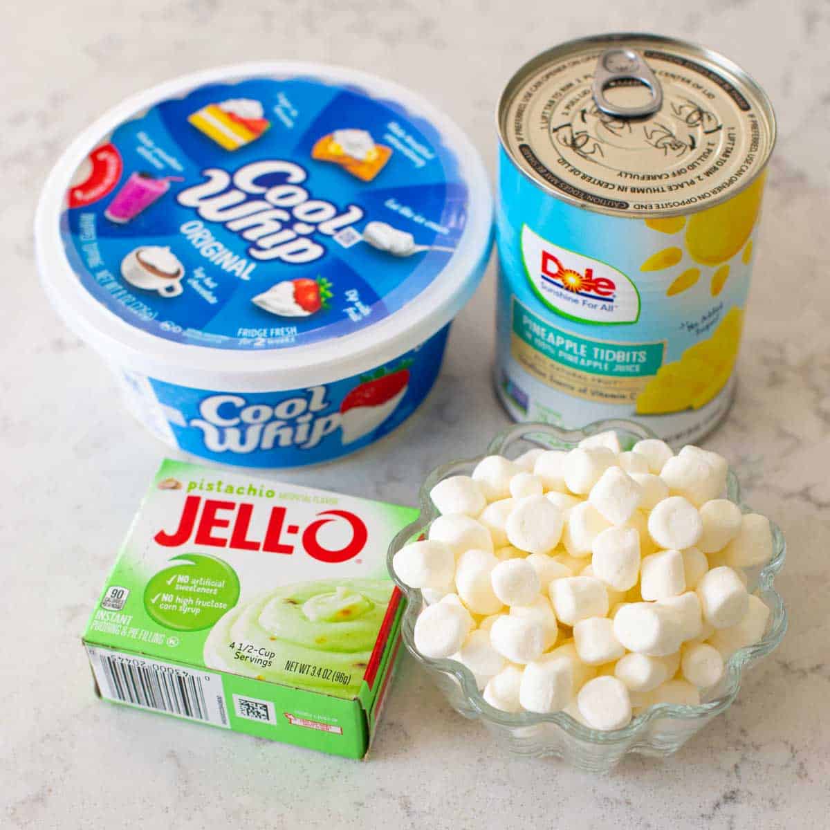 The ingredients to make pistachio fluff are on the counter.