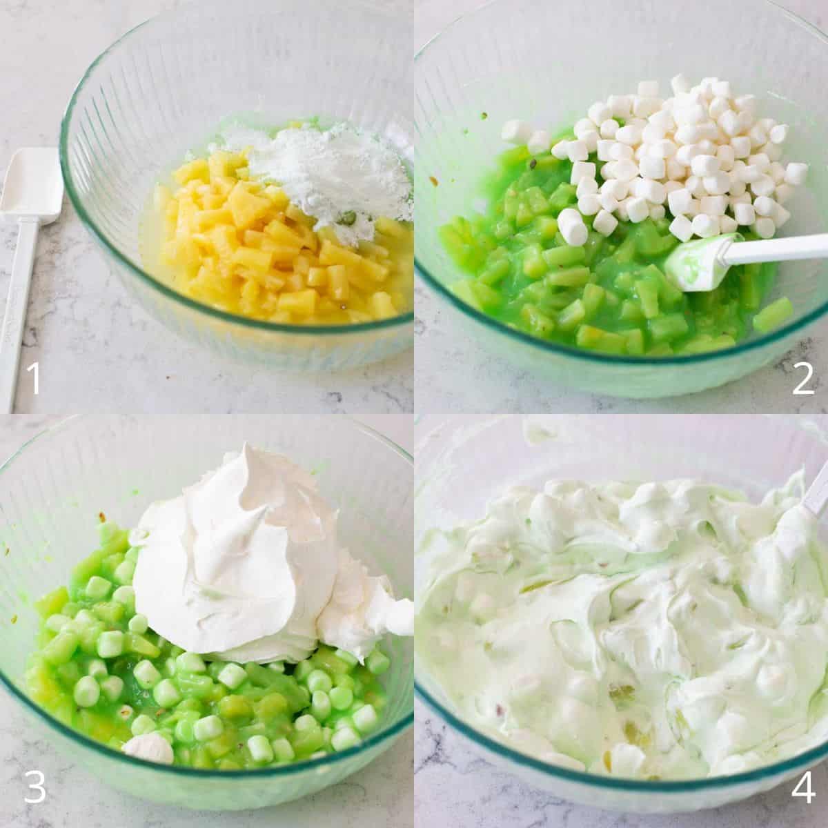 The step by step photo collage shows how to mix together the pistachio fluff recipe.