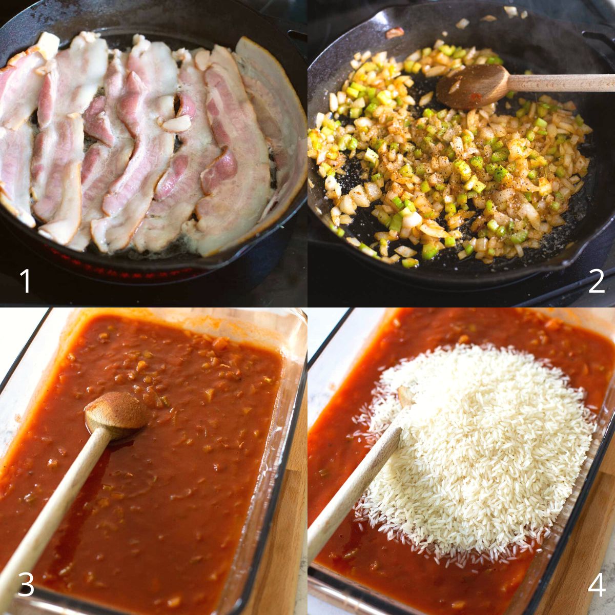 Step by step photos show how to make a baked red rice with bacon.