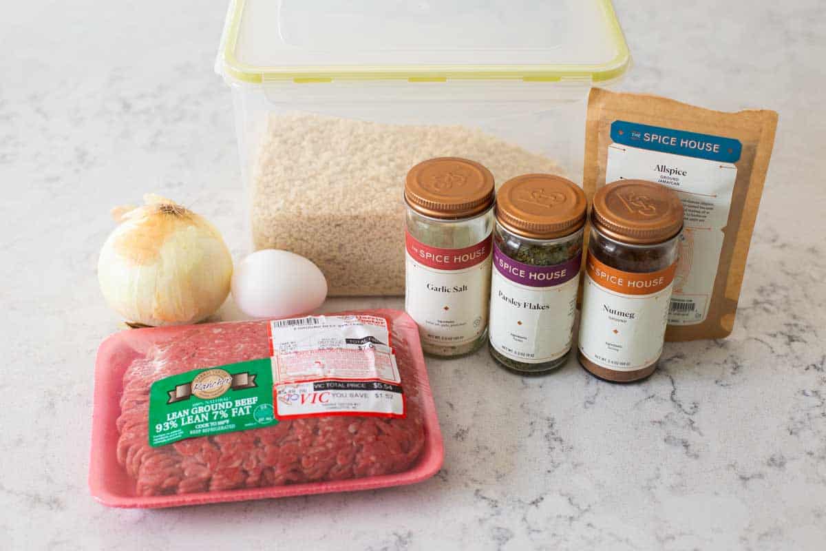 All the ingredients to make the Swedish meatballs are on the counter.