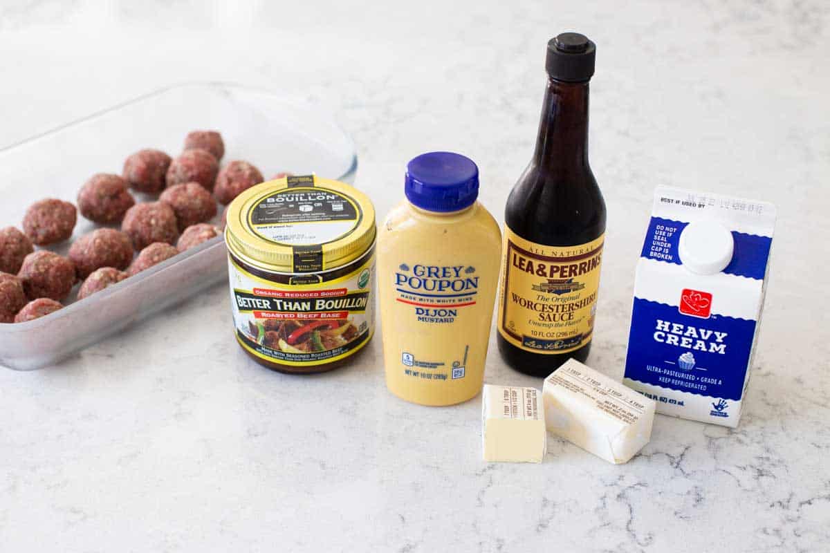 All the ingredients to assemble the Swedish meatball gravy and brown the meatballs are on the counter.