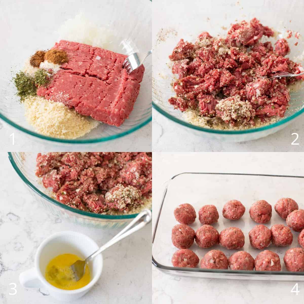 Step by step photos show how to roll the meatball mix.