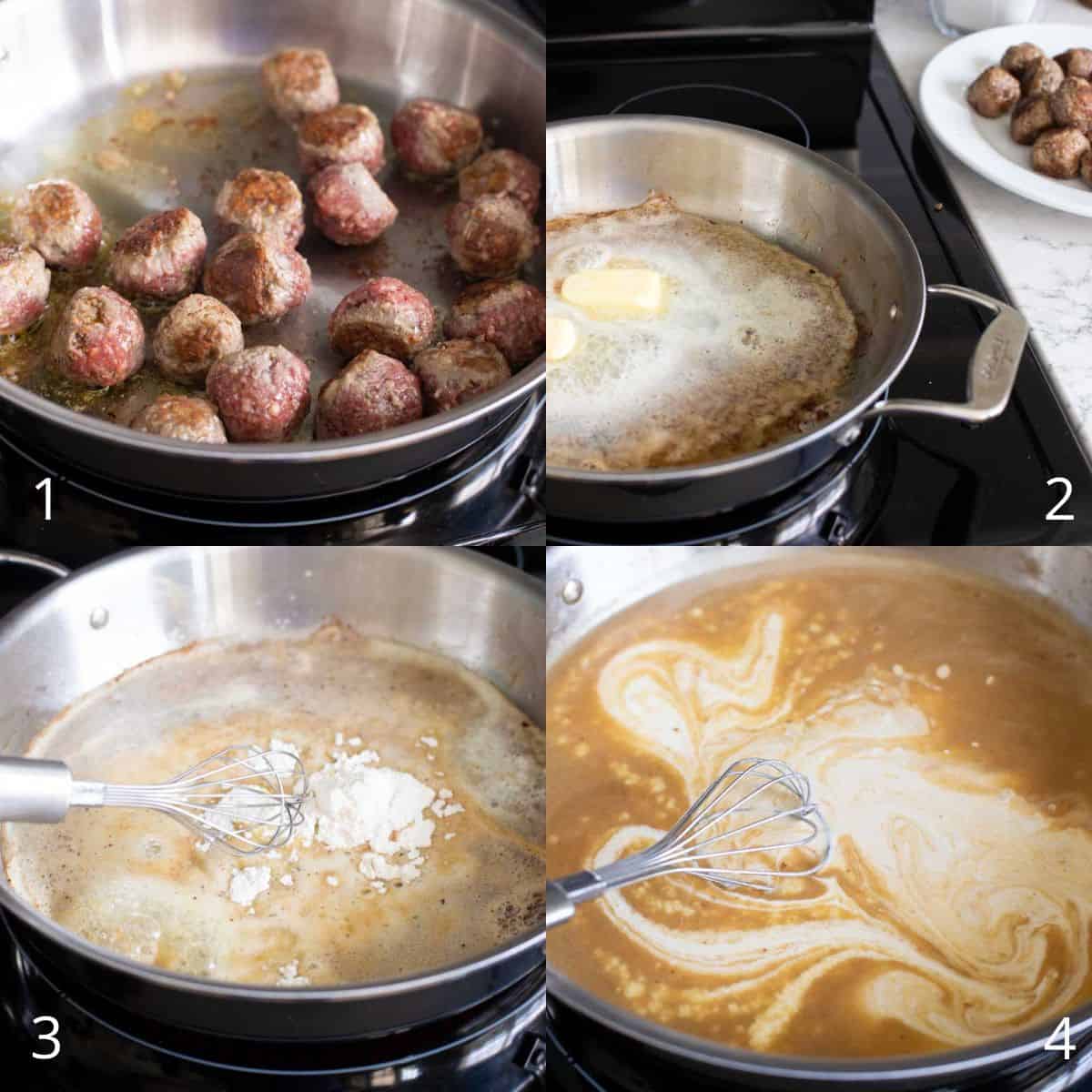 The step by step photos showing how to make the gravy for the swedish meatballs.