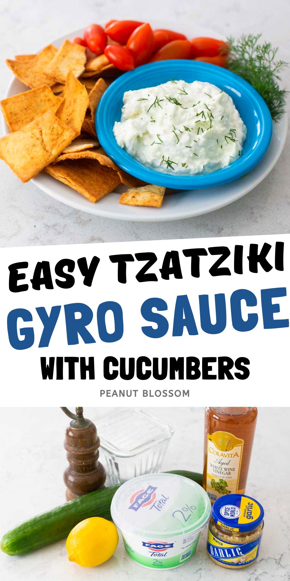 A photo collage shows the finished tzatziki next to a picture of the ingredients.