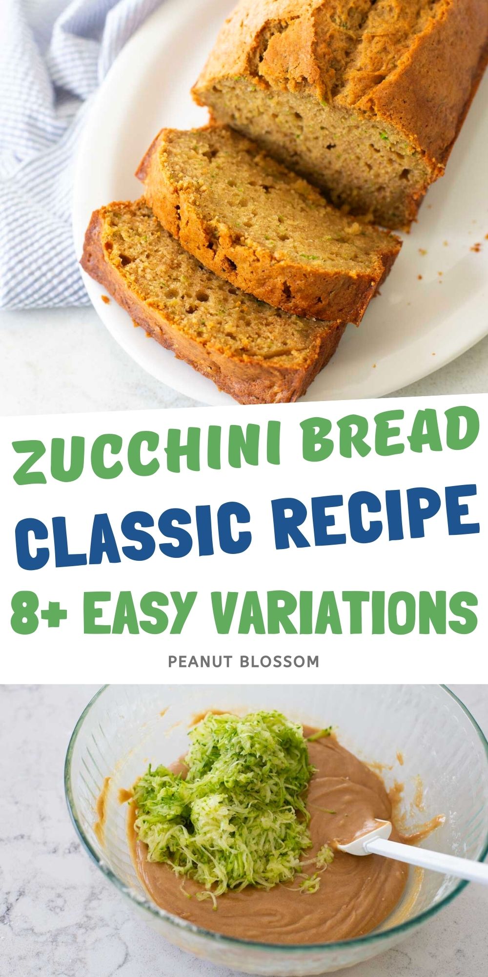 Easy zucchini bread on top with a photo of the mixing bowl on the bottom.