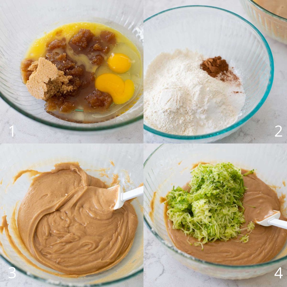 Step by step photos show how to mix the zucchini bread batter.