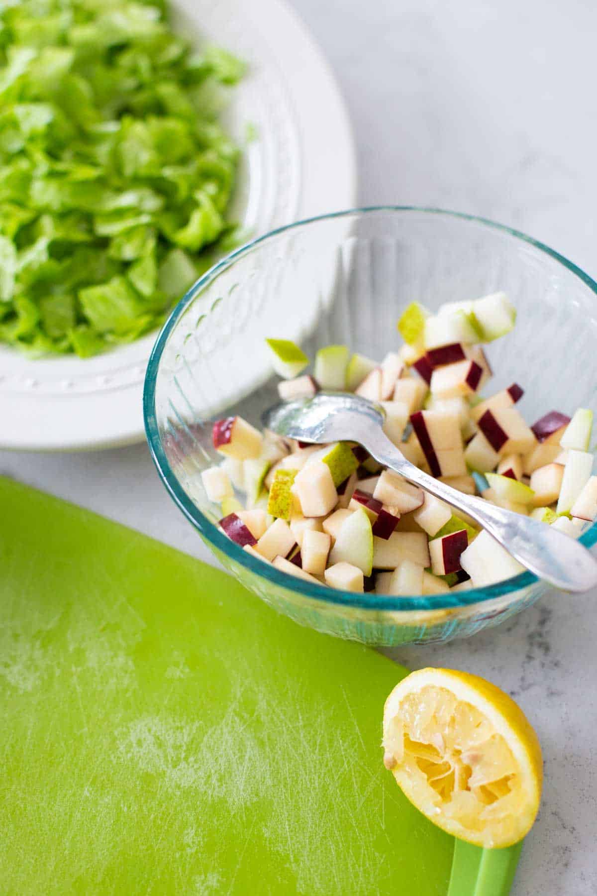 The apples have been tossed in lemon juice to preserve color.