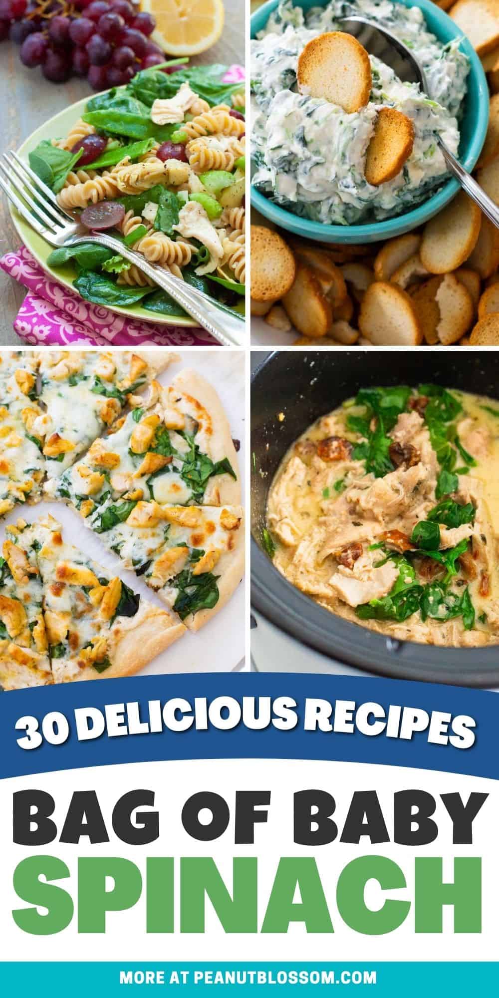 A photo collage shows several ways to use a bag of baby spinach for dinner.