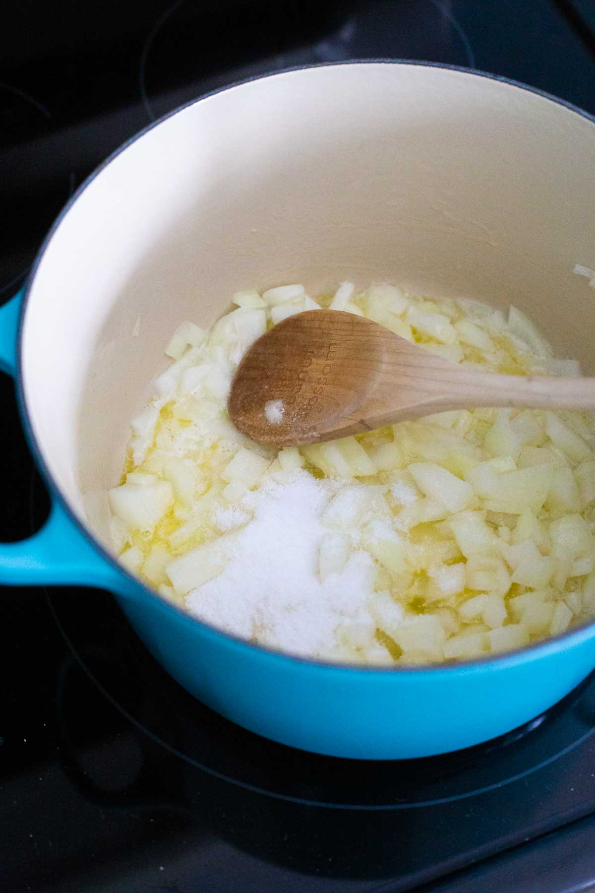 The chopped onions and sugar are in a large stock pot.
