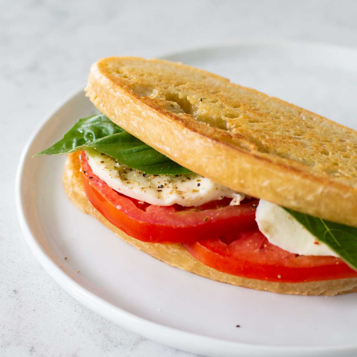 A tomato caprese sandwich on a white plate.