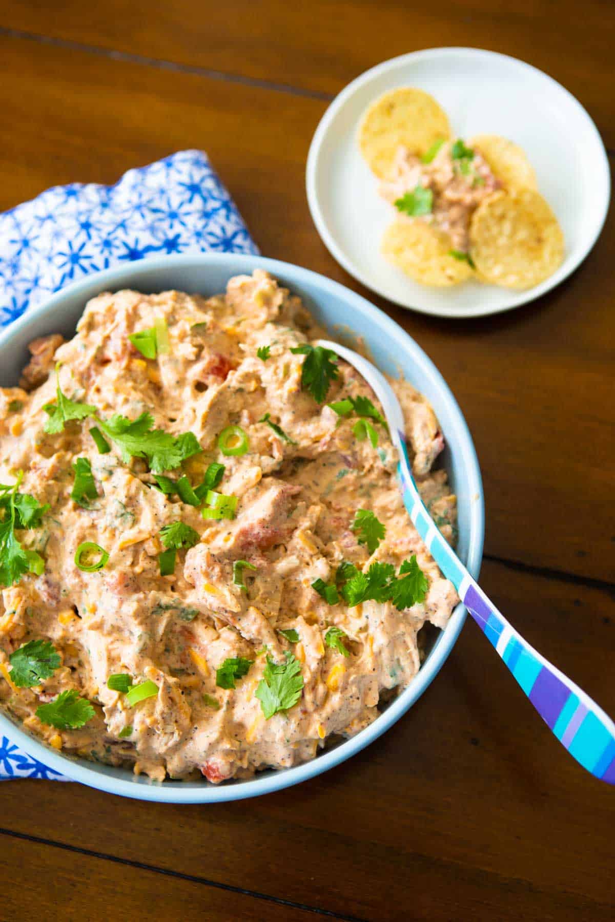 A bowl of chicken enchilada dip has a big spoon serving a scoop and a plate of tortilla chips on the side.